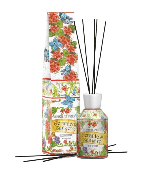 MAIOLICHE DIFFUSORE AMBIENTE GERANIO & ZENZERO CON BACCHETE 250 ML - Magnumfarma.it