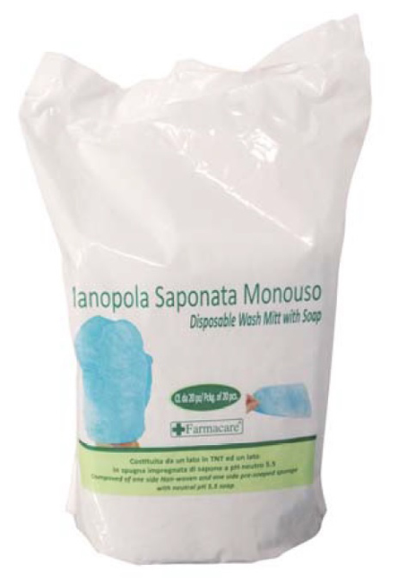 MANOPOLA MONOUSO PER LAVAGGI PARZIALI COMPOSTA DA UNA SPUGNA IN POLIESTERE SAPONATA E DA UN DRAPPO IN TESSUTO NON TESSUTO SENZA RISCIACQUO DETERGENTE A PH ISOCUTANEO - Magnumfarma.it